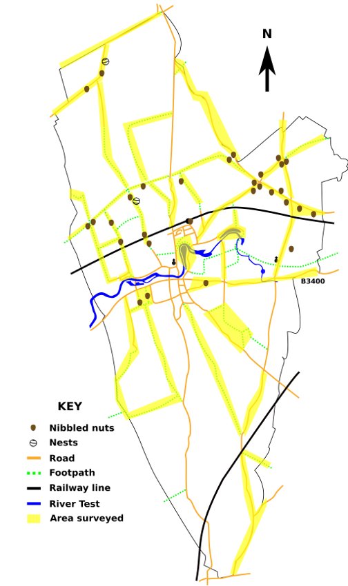 Map of dormouse finds in Overton parish